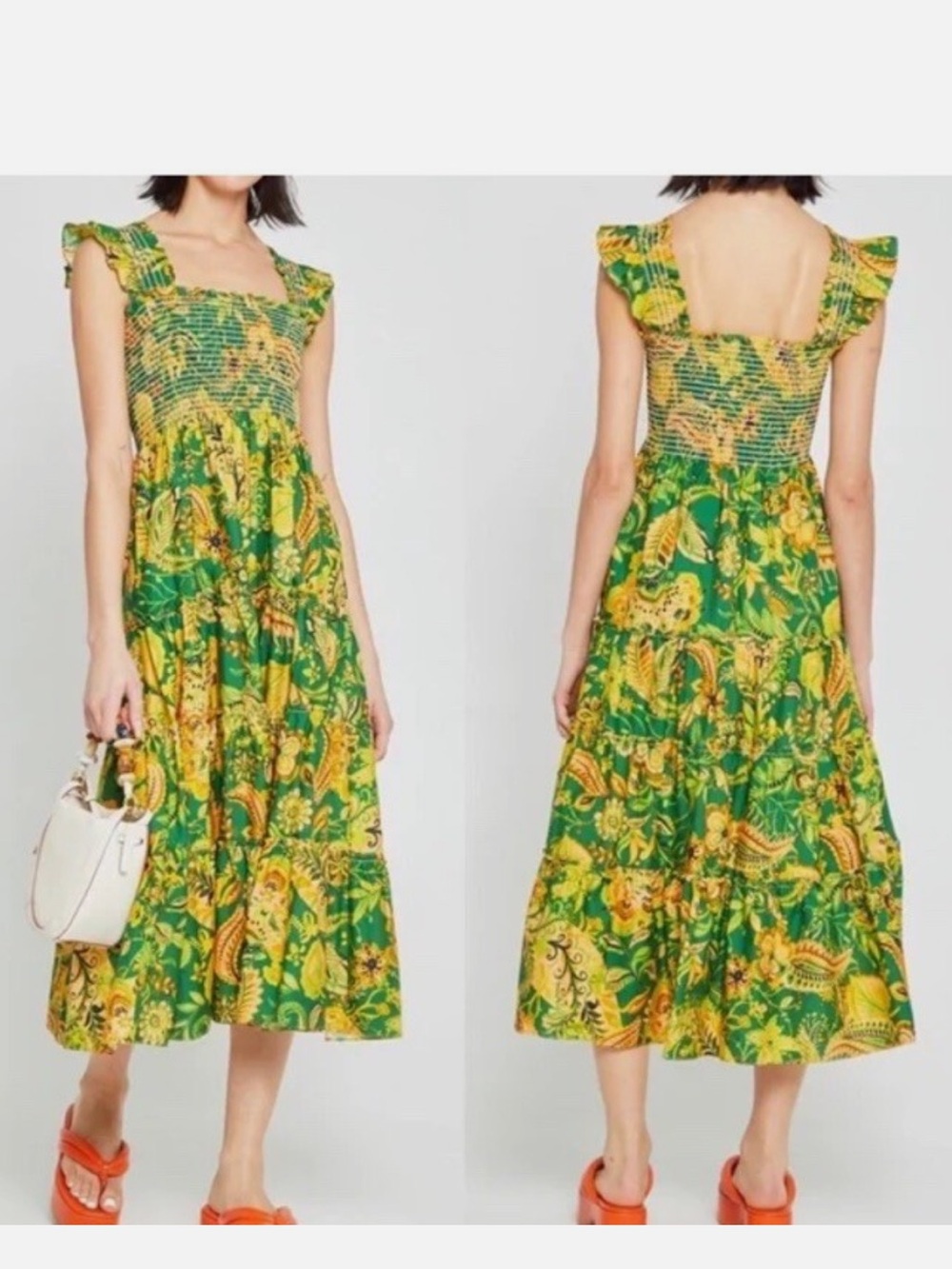 Green & Yellow Floral Smocked Midi Dress